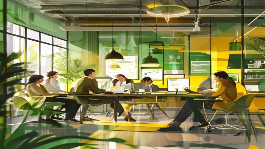 A modern law firm's collaborative workspace with paralegals and lawyers working together, sharing do