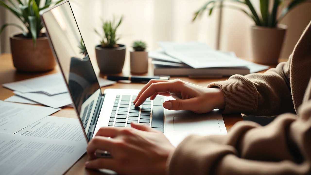 A close-up of a person's hands typing away on a laptop, with a few papers and notes scattered around, set against a cozy