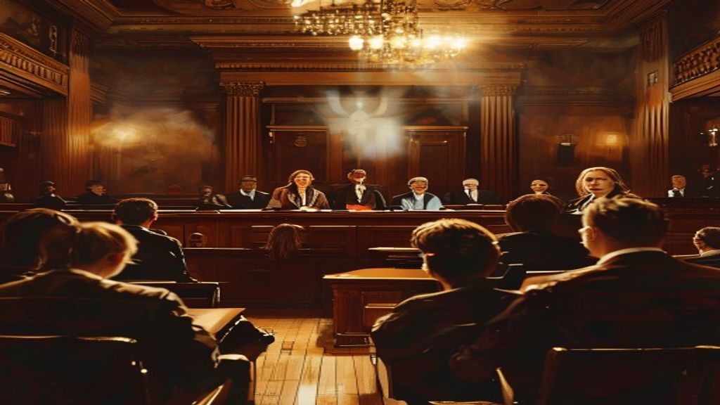 A bustling courtroom with a paralegal standing confidently in front of a judge's bench, with a lawye